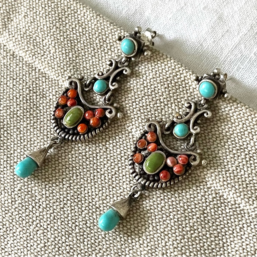 Sterling silver chandelier earrings with multi colored stone design